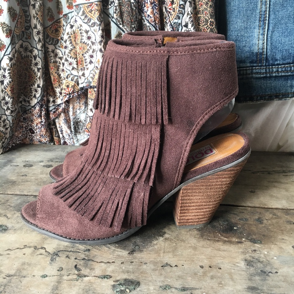 Dolce x Mojo Moxy Boho Peep-Toe Fringe Bootie 9M Brown Vegan Suede